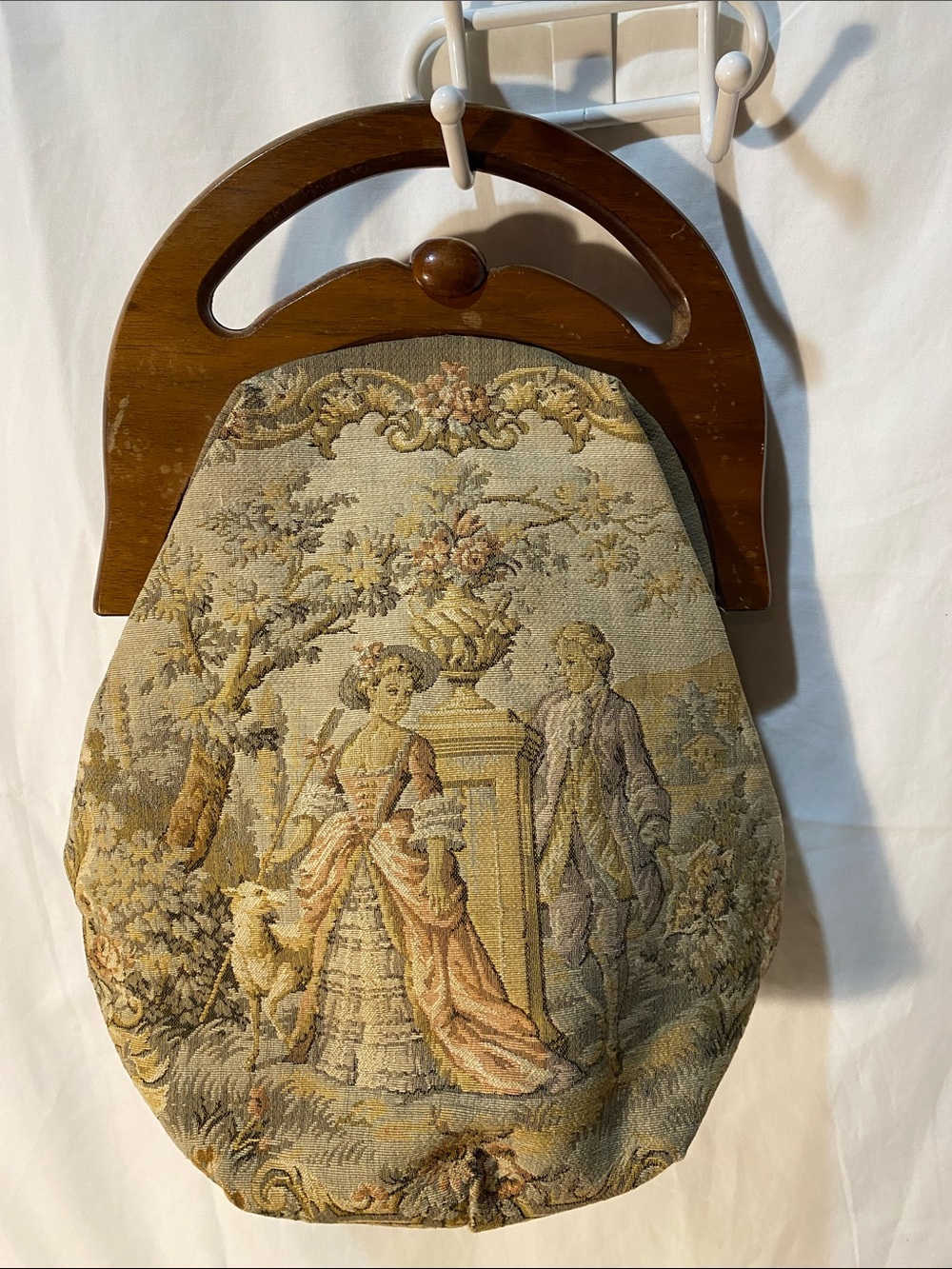 Vintage French Tapestry Handbag with Wooden Handles - Beige & Pastel Floral